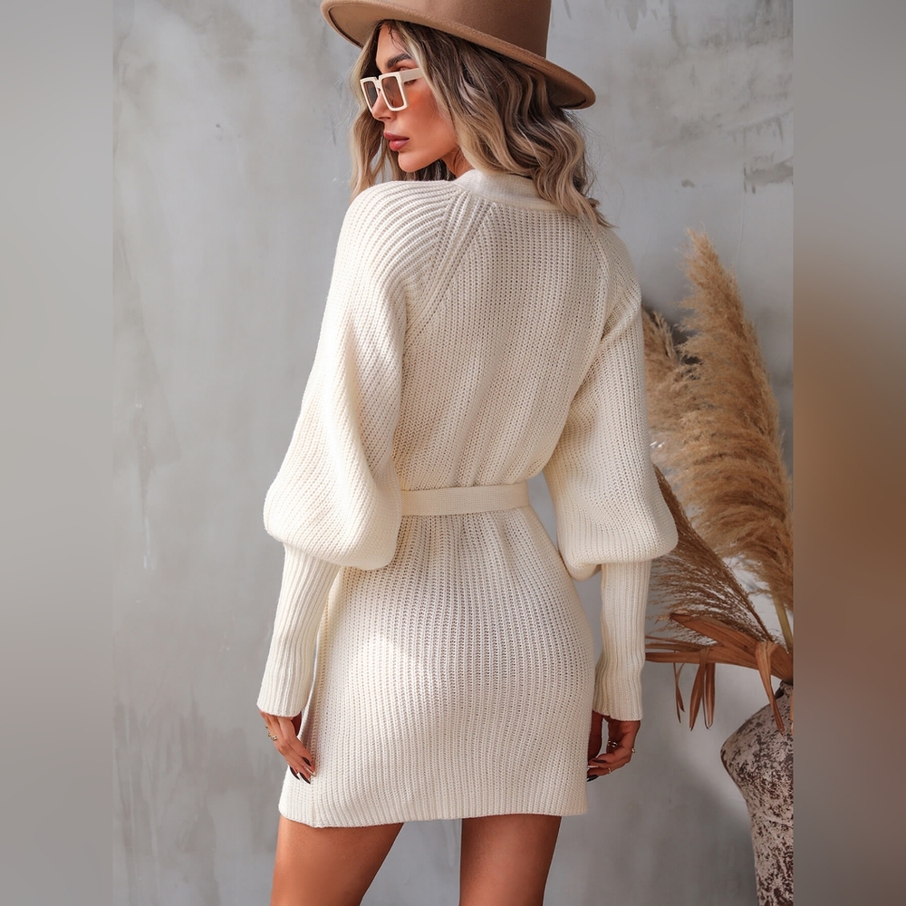 Belted Surplice Lantern Sleeve Wrap Sweater Dress - Picture 1 of 4